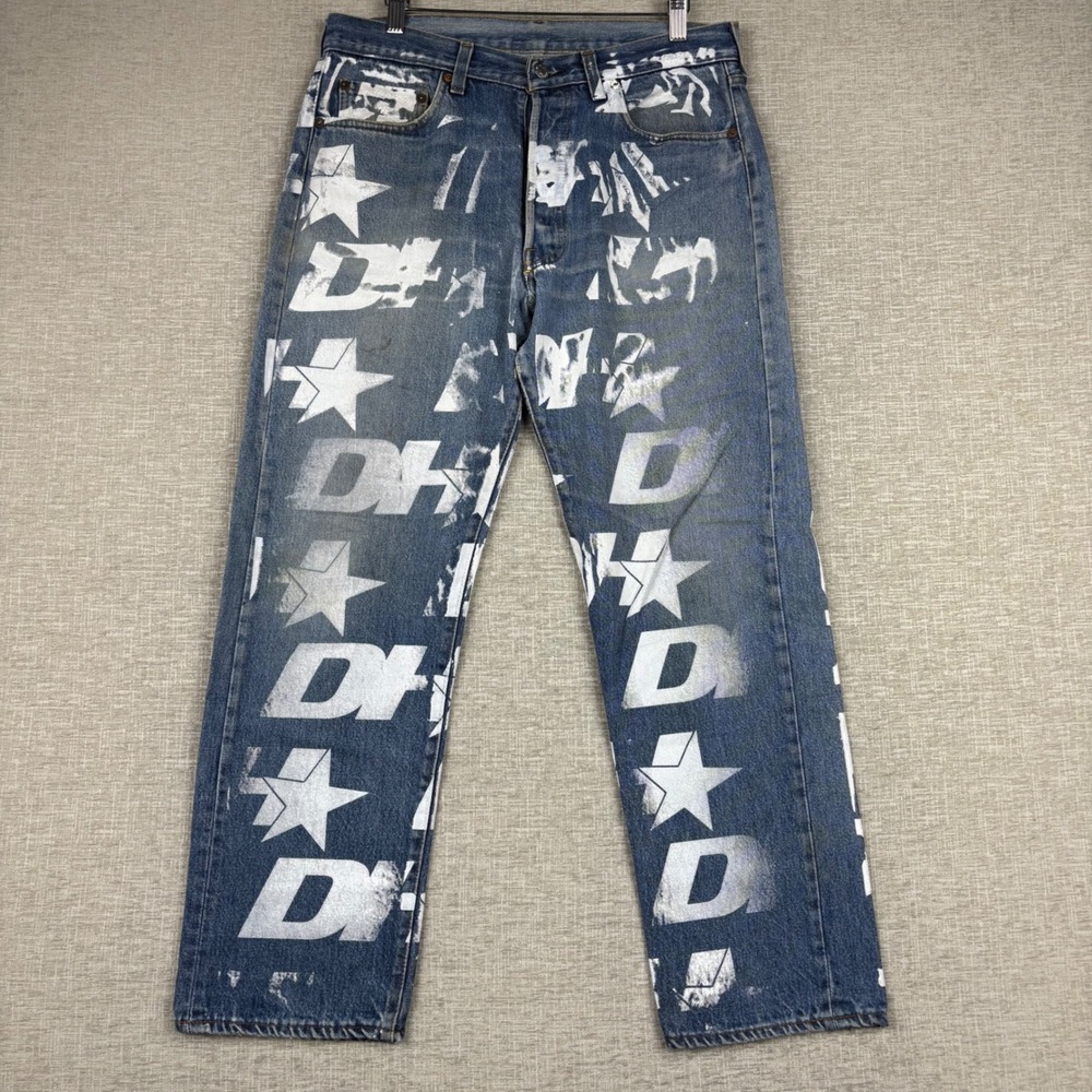 Vintage Levis 501 Custom Graphic Star Print Jeans Blue Denim Mens 33x29